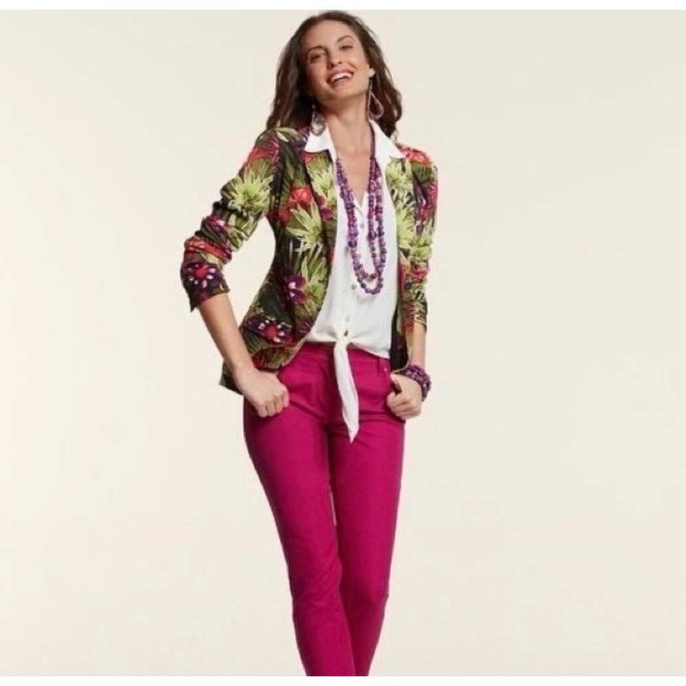 Chicos Tropical Palm Floral‎ Blazer Jacket Green Pink Botanical Print Size 2 LGE - Picture 3 of 7